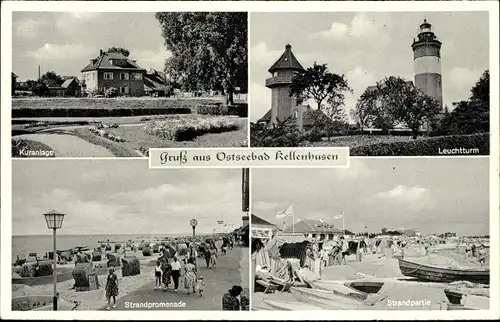 Ak Ostseebad Kellenhusen in Holstein, Strandpartie, Promenade, Leuchtturm, Kuranlage