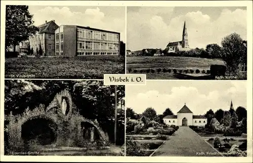Ak Visbek in Oldenburg, Kath. Friedhoskapelle, Kirche, St. Vitus Stift, Lourdes Grotte