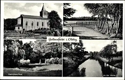 Ak Goldenstedt in Oldenburg, Huntestadion, An der Hunte, Esemüllers Park, Ev. Kirche