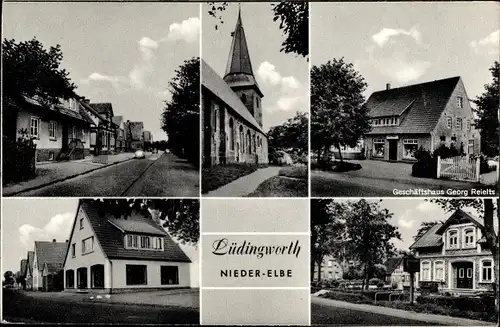 Ak Lüdingworth Cuxhaven in Niedersachsen, Kirche, Geschäftshaus von Georg Reielts