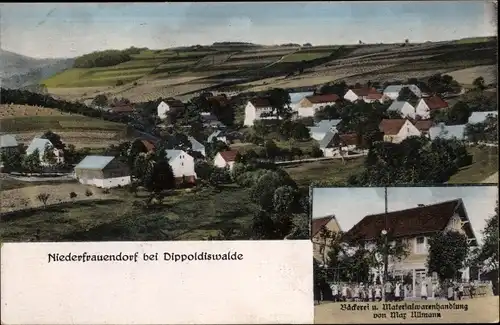 Ak Niederfrauendorf Glashütte im Osterzgebirge, Bäckerei und Materialwarenhandlung, Totalansicht