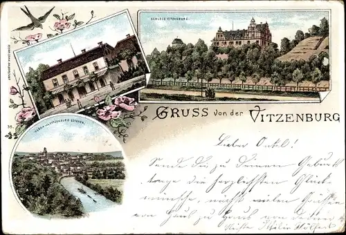 Litho Vitzenburg Querfurt in Sachsen Anhalt, Schloss, Blick auf den Ort