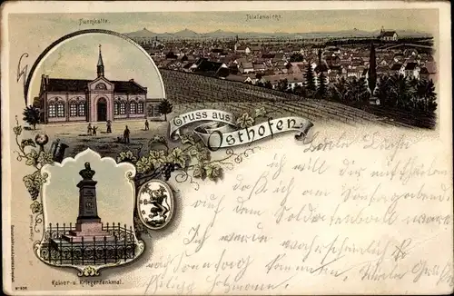 Litho Osthofen am Rhein, Totalansicht, Turnhalle, Kaiser-und Kriegerdenkmal