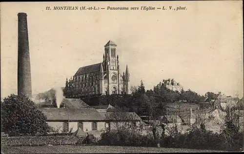 Ak Montjean Maine et Loire, Panorama vers l'Eglise