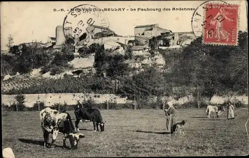 Ak Montreuil Bellay Maine et Loire, Le Faubourg des Ardennes, Rinder