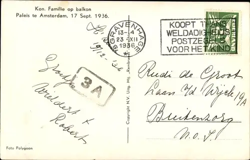 Ak Amsterdam Nordholland Niederlande, Königliche Familie auf Balkon 1936, Juliana der Niederlande