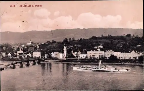 Ak Aschach an der Donau Oberösterreich, Blick auf den Ort, Anlegestelle, Salondampfer