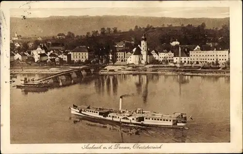 Ak Aschach an der Donau Oberösterreich, Totalansicht, Anlegestelle, Salondampfer