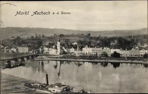 Ak Aschach an der Donau Oberösterreich, Ortsansicht, Kirche, Anlegestelle