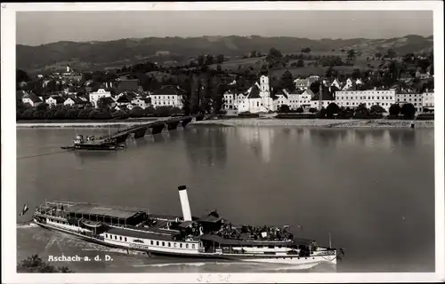 Ak Aschach an der Donau Oberösterreich, Ortsansicht, Kirche, Anlegestelle, Salondampfer