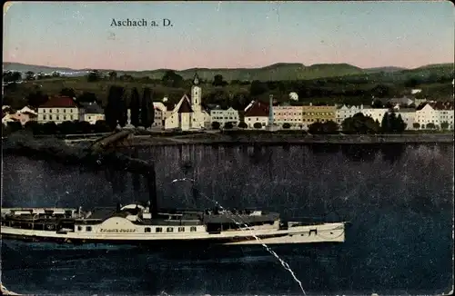 Ak Aschach an der Donau Oberösterreich, Ortsansicht, Kirche, Salondampfer