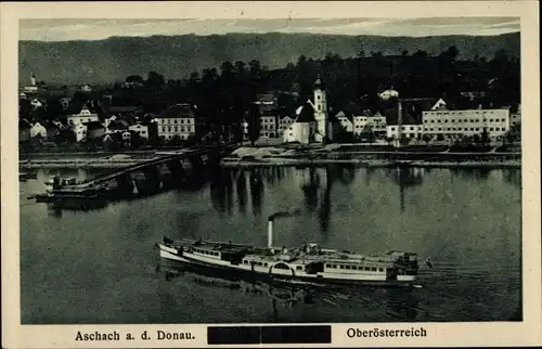 Ak Aschach an der Donau Oberösterreich, Ortsansicht, Anlegestelle, Salondampfer