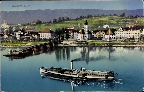 Ak Aschach an der Donau Oberösterreich, Ortsansicht, Kirche, Salondampfer