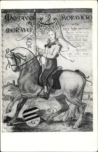 Künstler Ak Ales, M., Moravo..., Mädchen zu Pferde, Wappen