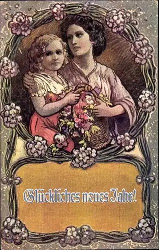 Ak Glückwunsch Neujahr, Frau mit Mädchen, Blumenkorb