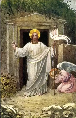 Künstler Ak Glückwunsch Ostern, Jesus, Engel auf Knien