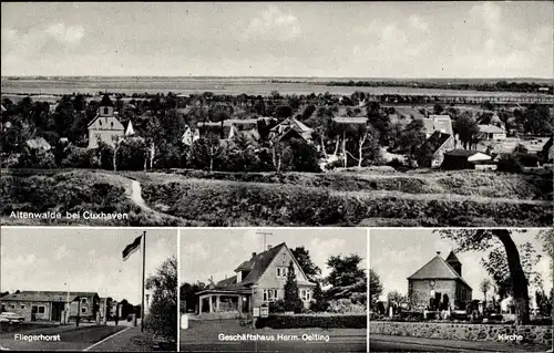 Ak Altenwalde Cuxhaven in Niedersachsen, Kirche, Fliegerhorst, Geschäftshaus, Panorama vom Ort