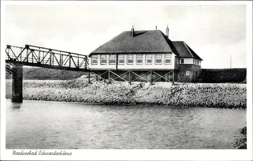 Ak Eckwarderhörne Butjadingen Wesermarsch, Strandgaststätte Bahnhof, Inh. Gustav Köhn, Bahnbrücke