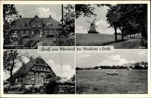 Ak Bliesdorf  Schashagen in Holstein, Gasthof Zum weißen Roß, Mühle, Campingplatz, Gemeindehaus