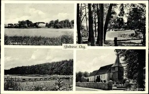 Ak Gudow im Herzogtum Lauenburg, Schloss mit See, Bad, Kirche, Promenade