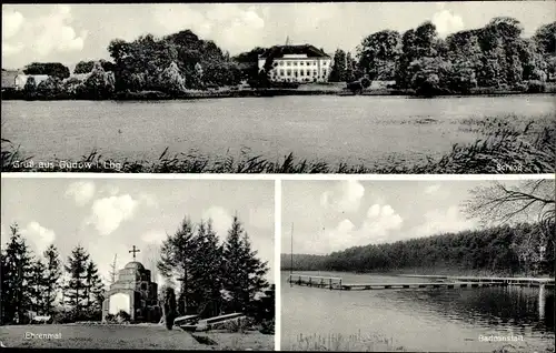 Ak Gudow im Herzogtum Lauenburg, Blick über Wasser zum Schloss, Ehrenmal, Bad