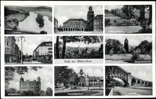 Ak Witten an der Ruhr, Ruhrtal, Hammerteich, Bergerdenkmal, Viadukt, Hauptbahnhof, Wasserturm