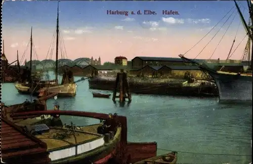 Ak Hamburg Harburg, Schiffe im Hafen, Lagerhallen, Elbbrücke