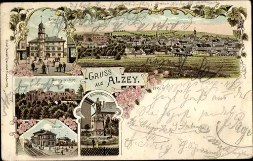 Litho Alzey in Rheinhessen, Rathaus, Burgruine, Kriegerdenkmal, Bahnhof, Totalansicht