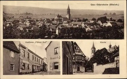Ak Gau Odernheim Rheinhessen, Gasthaus Pfälzer Hof, Kirche, Blick auf den Ort