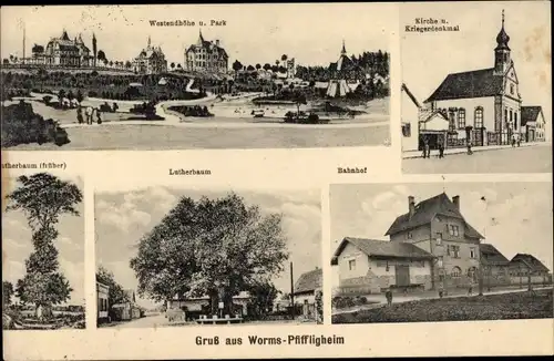 Ak Pfiffligheim Worms in Rheinland Pfalz, Bahnhof, Westendhöhe, Kirche, Lutherbaum