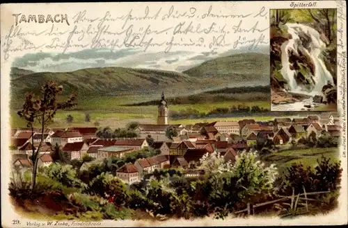 Litho Tambach Dietharz im Thüringer Wald, Spitterfall, Ortschaft mit Landschaftsblick