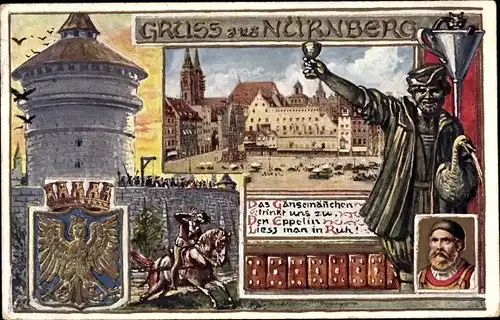 Wappen Künstler Ak Nürnberg in Mittelfranken, Burg, Gänsemännchen, Trichter, Marktplatz
