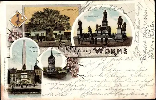 Litho Worms am Rhein, Lutherdenkmal, Lutherbaum, Ludwig Denkmal, Wasserturm