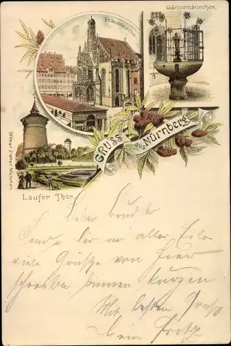 Litho Nürnberg in Mittelfranken Bayern, Laufer Tor, Frauenkirche, Gänsemännchen