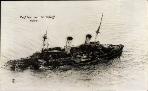 Foto Ak Zerstörtes Russisches Kriegsschiff Slawa, Linienschiff, Borodino-Klasse