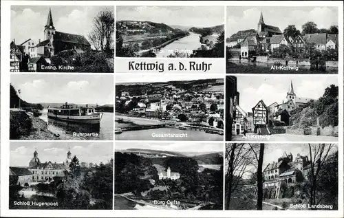 Ak Kettwig Essen im Ruhrgebiet, Gesamtansicht, Kirche, Schloss Landsberg, Burg Oefte