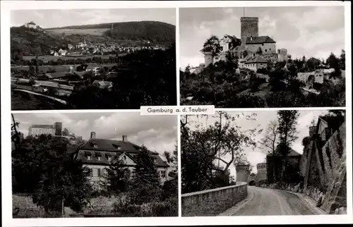 Ak Gamburg Werbach an der Tauber, Alte Burg, Totalansicht, Zufahrt zur Burg, Blick auf den Berg