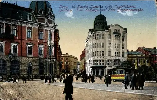 Ak Lwów Lemberg Ukraine, Karl Ludwigsstraße Ecke Jagellonerstraße, Straßenbahn