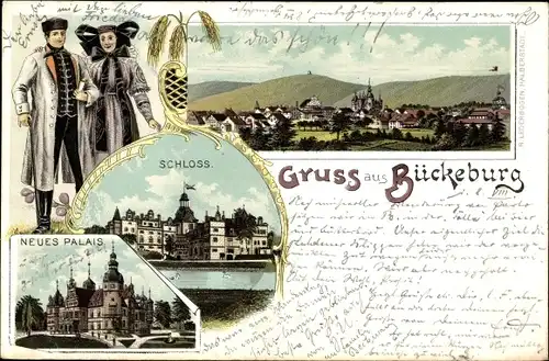 Litho Bückeburg im Kreis Schaumburg, Trachten, Schloss, neues Palais, Blick auf den Ort