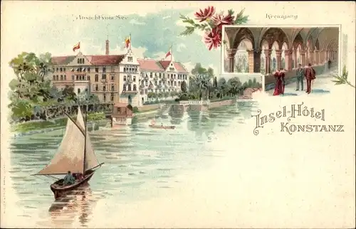 Litho Konstanz am Bodensee, Insel Hotel vom See aus gesehen, Kreuzgang, Segelboot