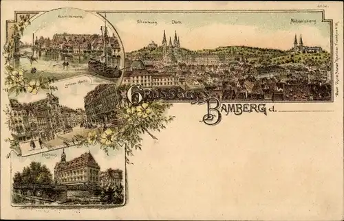 Litho Bamberg in Oberfranken, Totalansicht, Dom, Michaelsberg, Rathaus