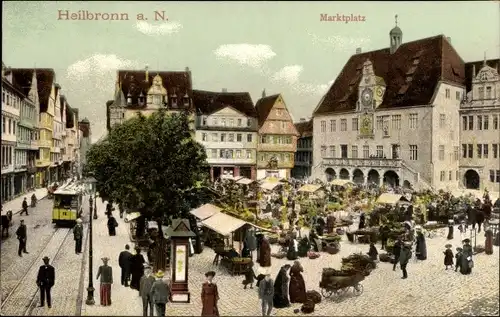 Ak Heilbronn am Neckar, Marktplatz, Rathaus, Straßenbahn 12