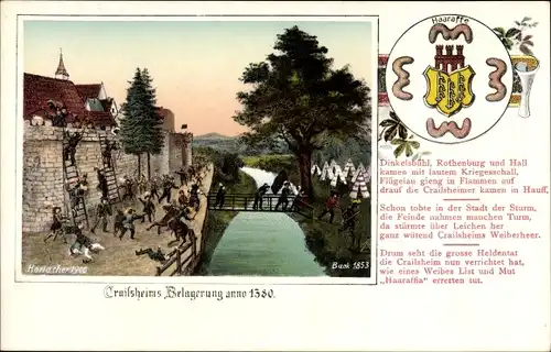 Wappen Künstler Ak Crailsheim Baden Württemberg, Belagerung der Stadt 1380, Haaraffe