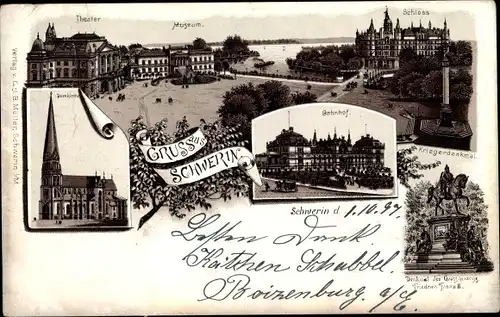 Litho Schwerin in Mecklenburg, Domkirche, Bahnhof, Schloss, Kriegerdenkmal