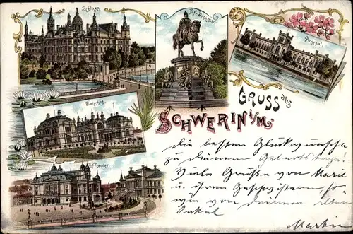 Litho Schwerin in Mecklenburg, Schloss, Arsenal, Reiterdenkmal, Bahnhof, Hoftheater