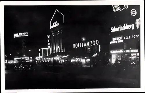 Foto Berlin Charlottenburg, Kurfürstendamm, Nachtansicht, Hotel am Zoo, Scharlachberg, Reklame