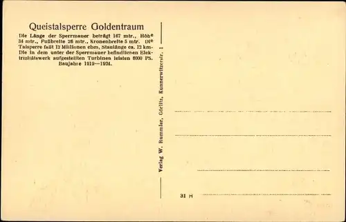 Ak Złotniki Lubańskie Goldentraum Schlesien, Queistalsperre, Sperrmauer