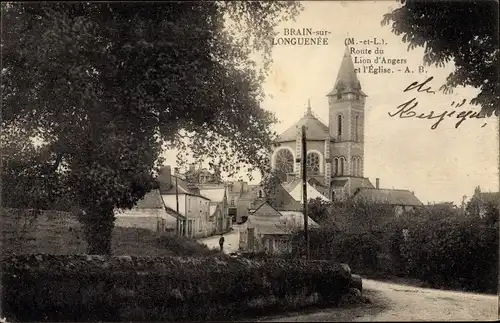 Ak Brain sur Longuenée Maine et Loire, Route du Lion d'Angers et l'Eglise