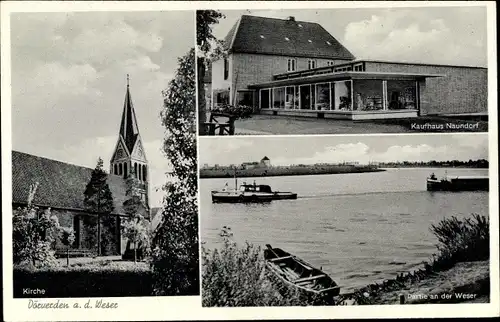 Ak Dörverden an der Weser, Kirche, Kaufhaus Naundorf, Weserpartie