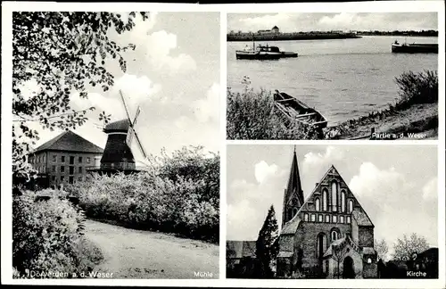 Ak Dörverden in Niedersachsen, Windmühle, Weserpartie, Kirche